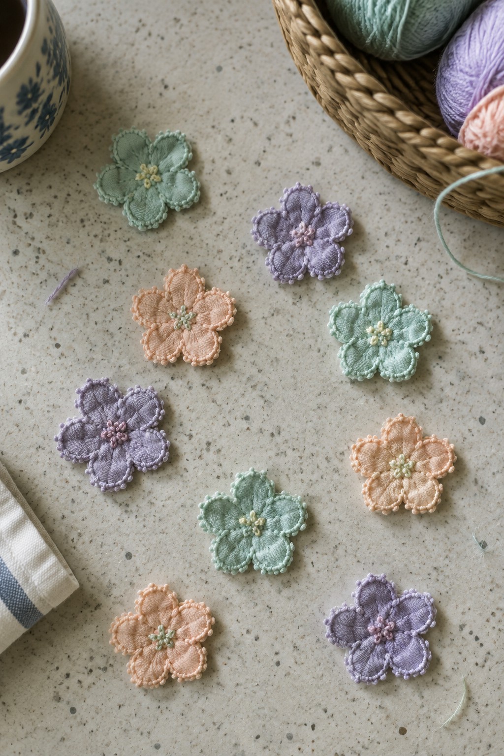 Pastel embroidered flower appliques scattered on speckled surface beside yarn basket and mug.