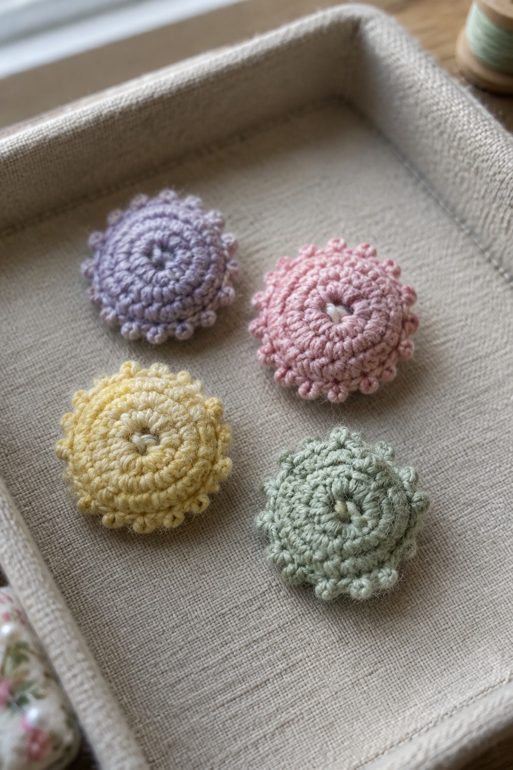 Four pastel crocheted flowers in purple, pink, yellow, and green on beige tray