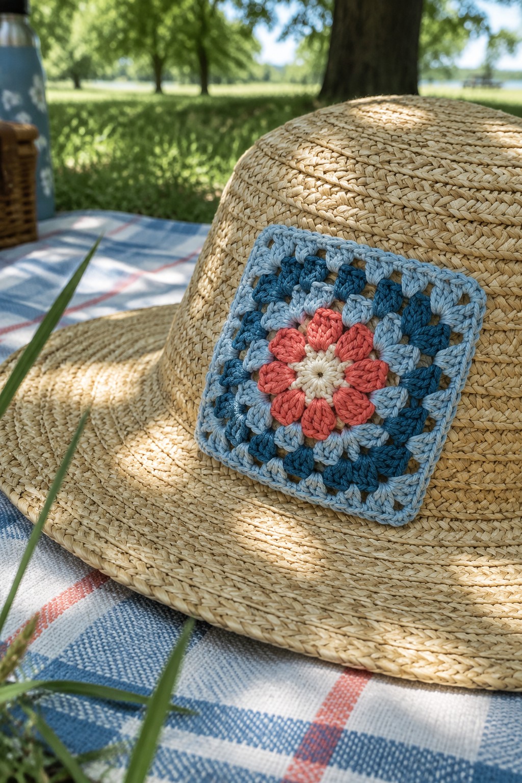 Straw hat with colorful crocheted granny square on checkered picnic blanket outdoors