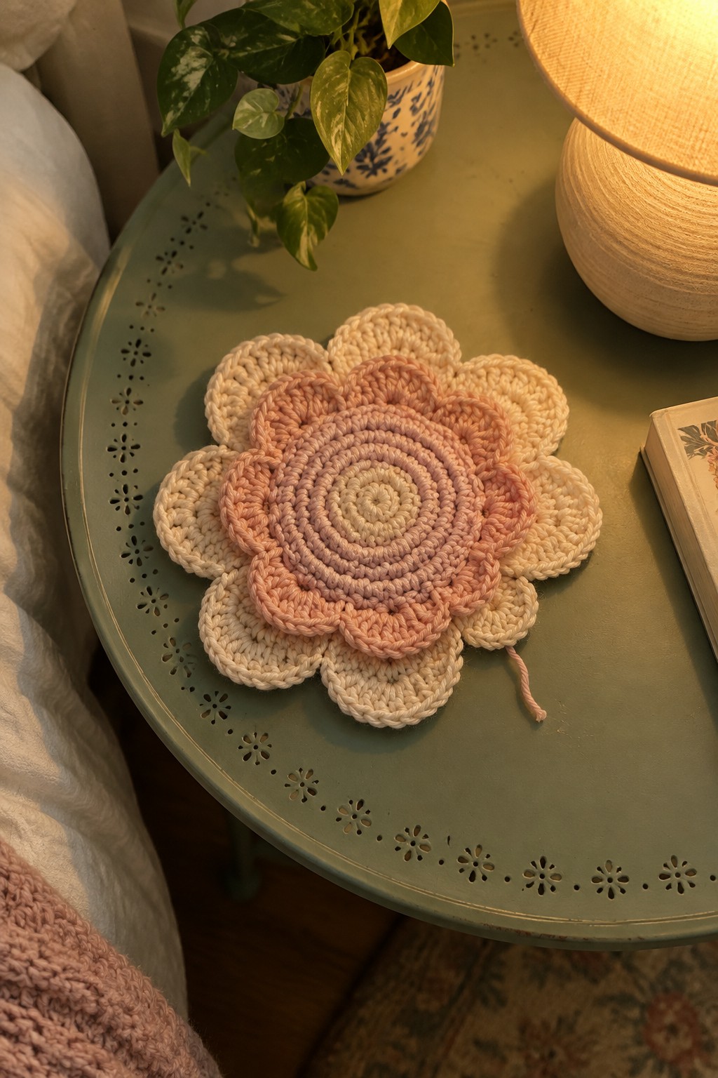Crocheted pastel flower coaster on sage green table with plant and lamp nearby