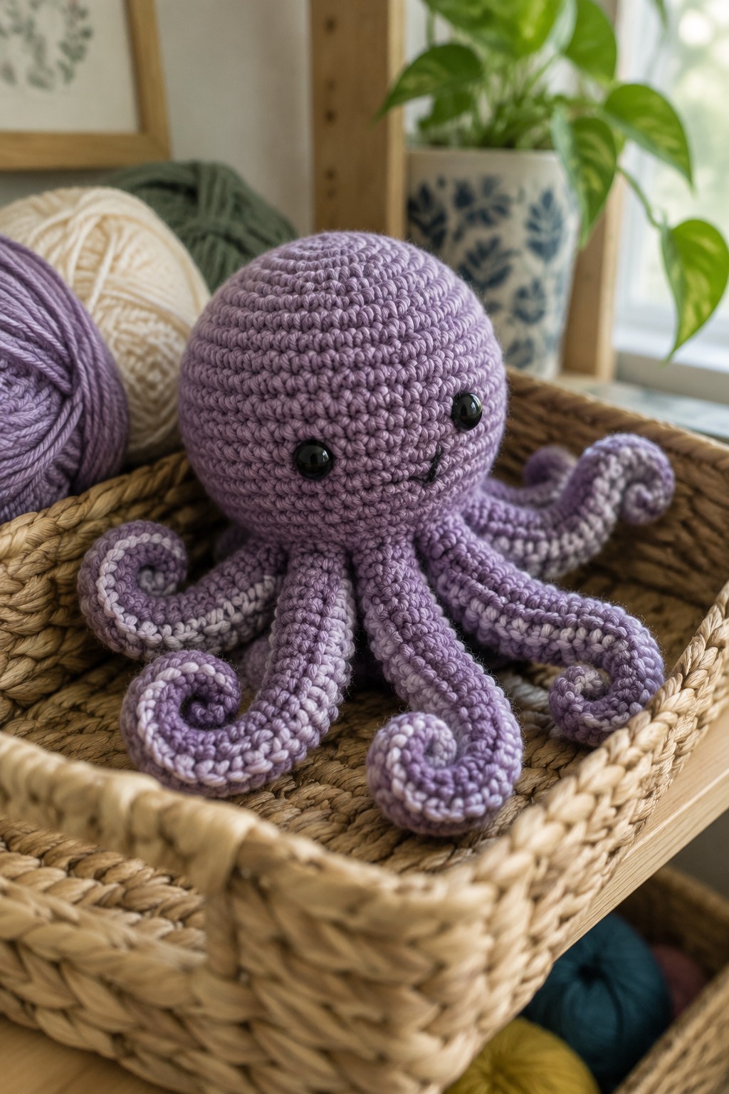 Purple crocheted octopus in woven basket surrounded by colorful yarn balls