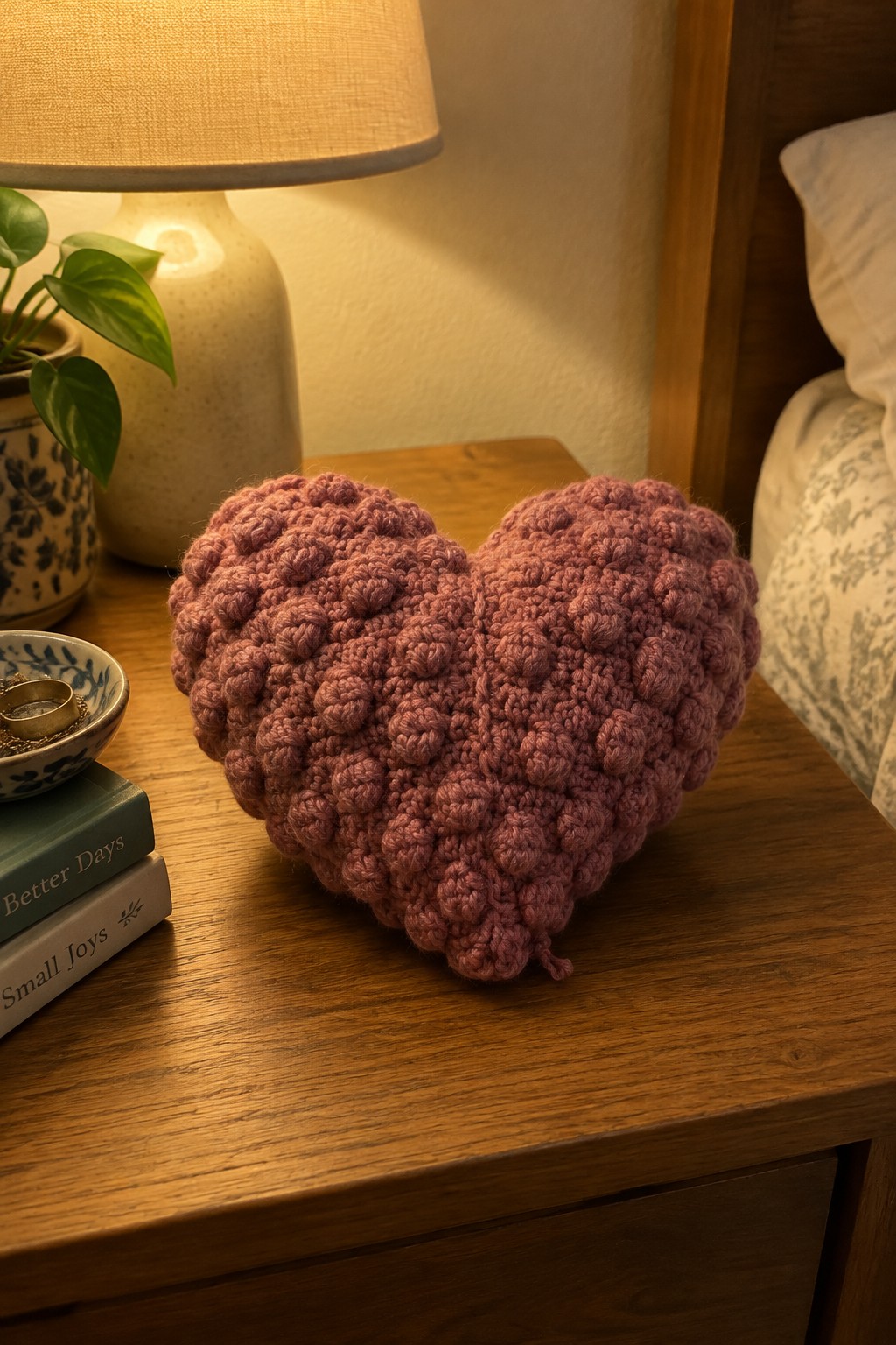 A dusty rose crocheted heart pillow rests on a wooden bedside table beside stacked books and a ceramic lamp.
