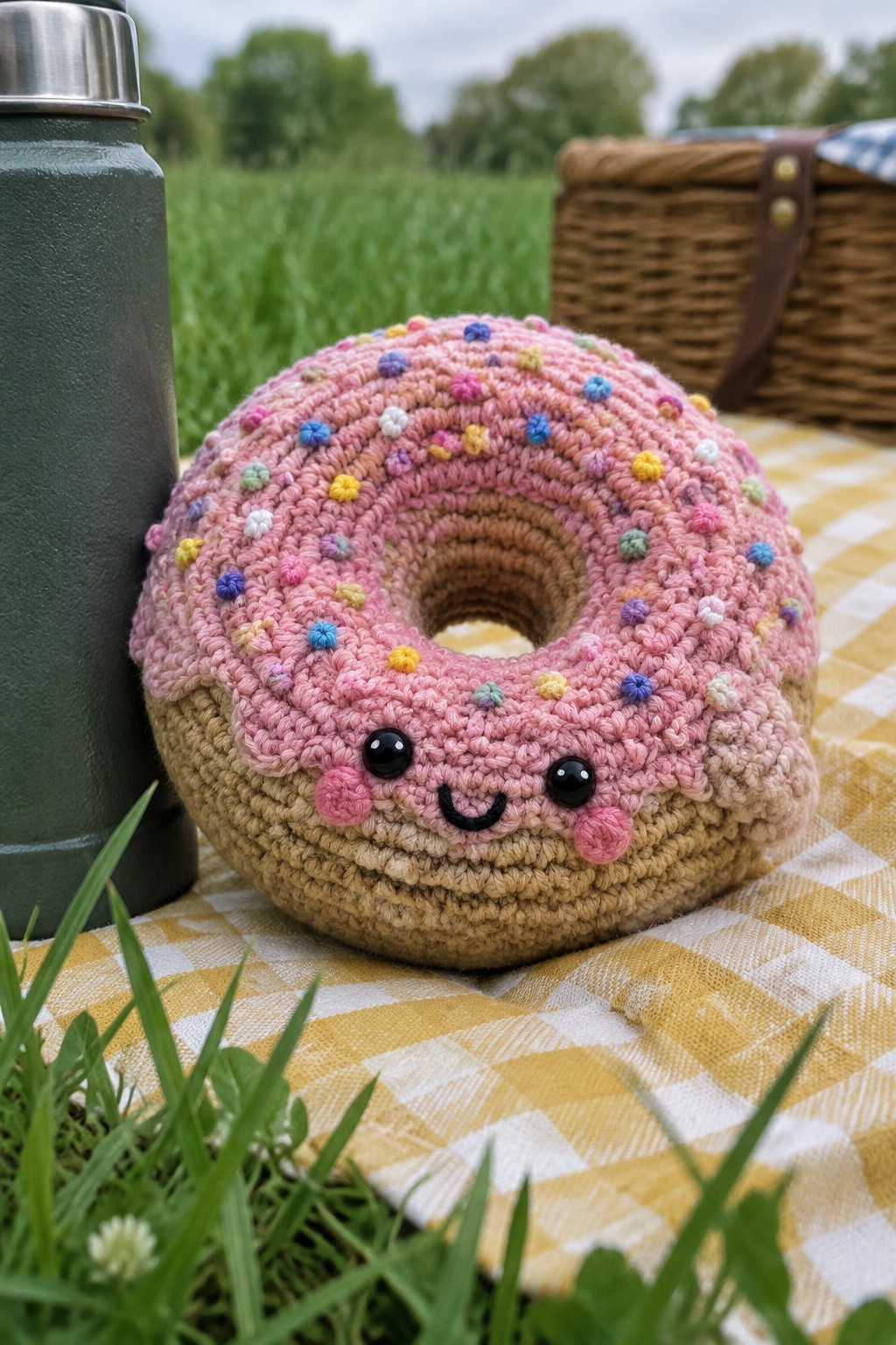 Crochet donut with pink frosting and sprinkles on yellow checkered picnic blanket beside thermos