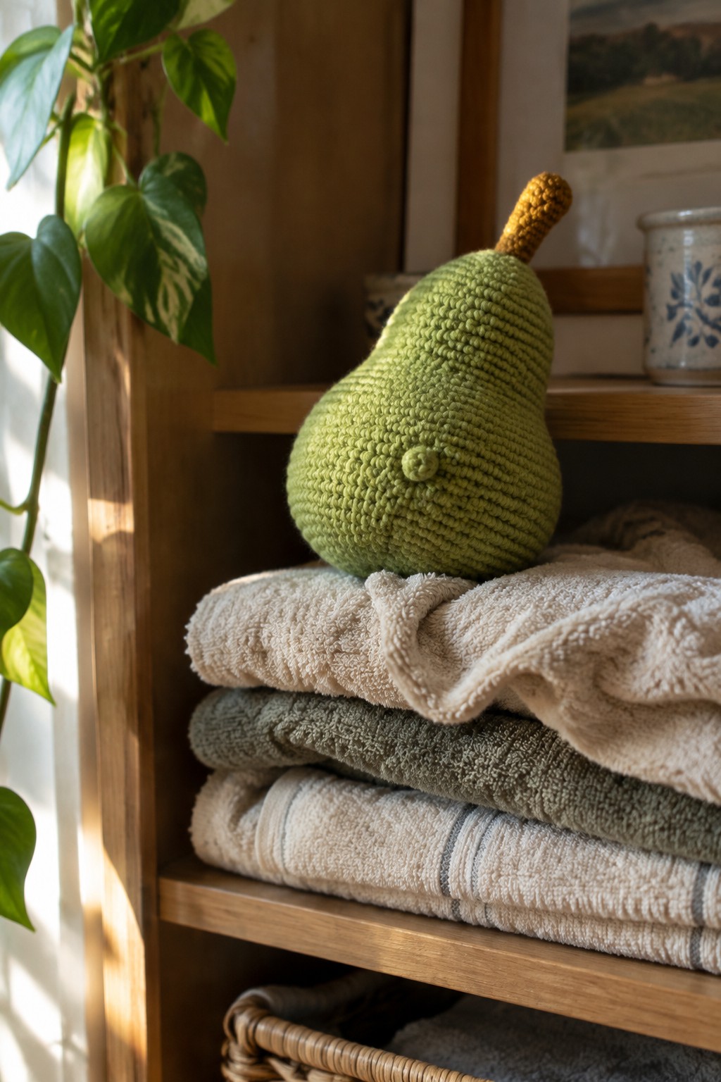 Crocheted green pear atop folded beige and gray towels on wooden shelf