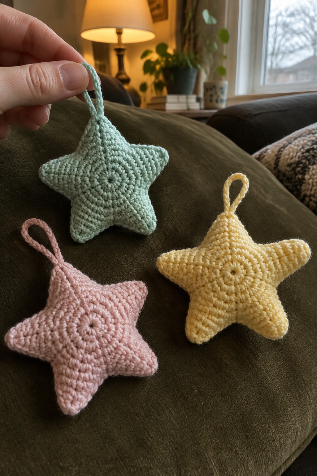 Hand holding mint green crocheted star beside pink and yellow ones on dark couch.