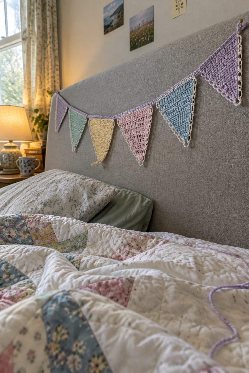 Pastel crocheted bunting hangs on gray headboard above floral patchwork quilt