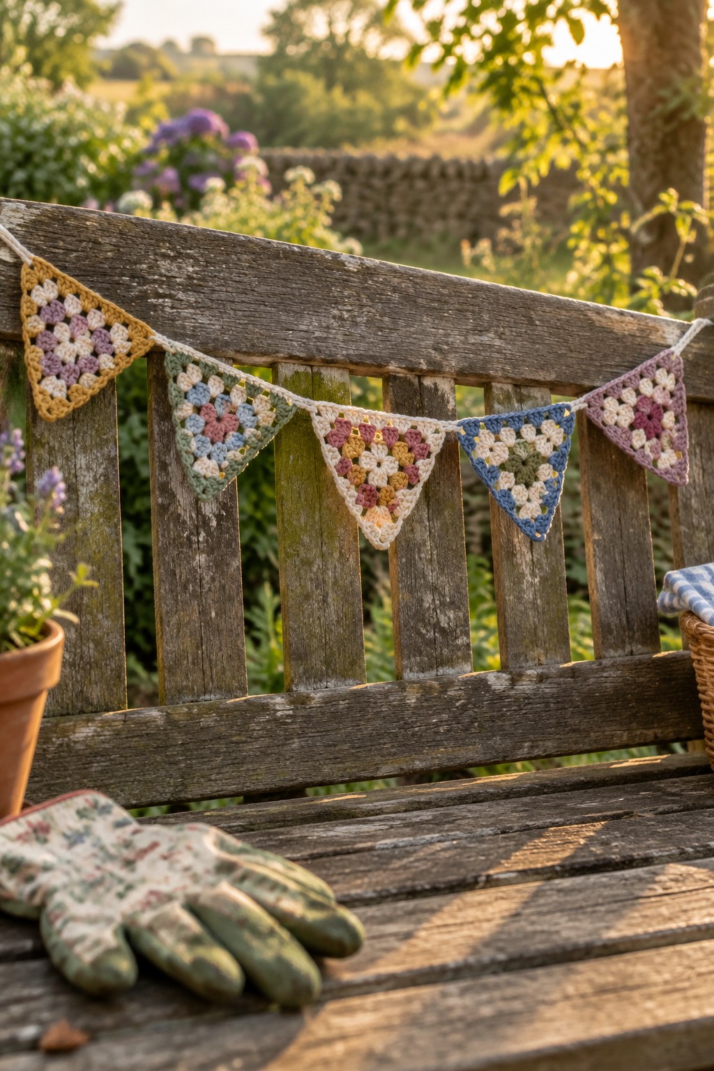 Colorful crocheted bunting on weathered wooden bench with gardening gloves and potted plant