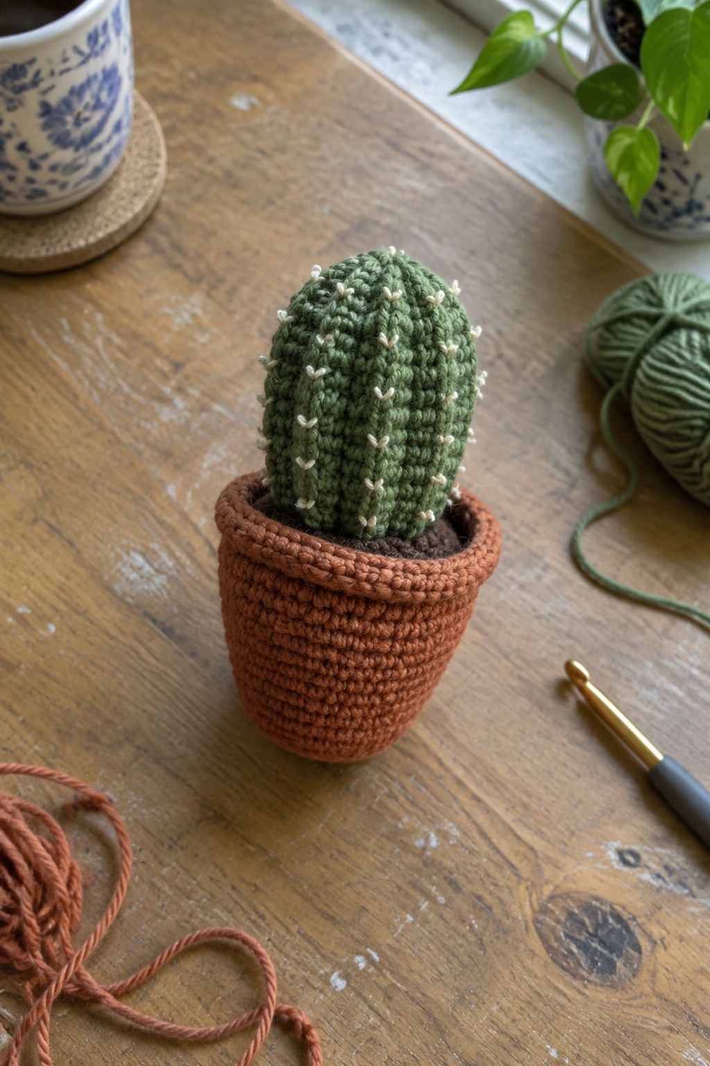Crocheted green cactus in brown pot on wooden table with hook and yarn