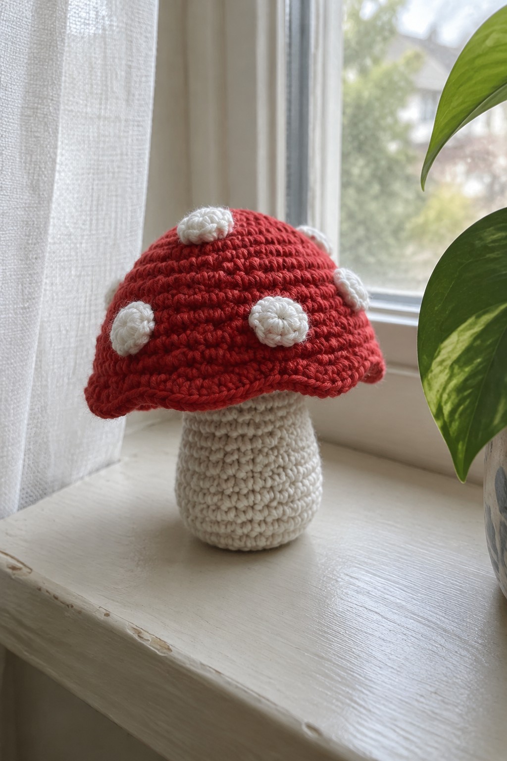 Crocheted red mushroom with white dots on a white windowsill beside a plant.