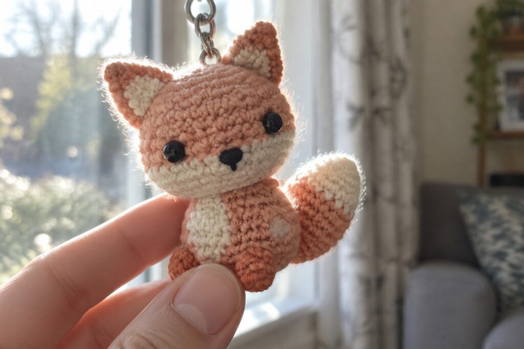 Hand holding crocheted orange fox keychain with white face, ears, and tail.