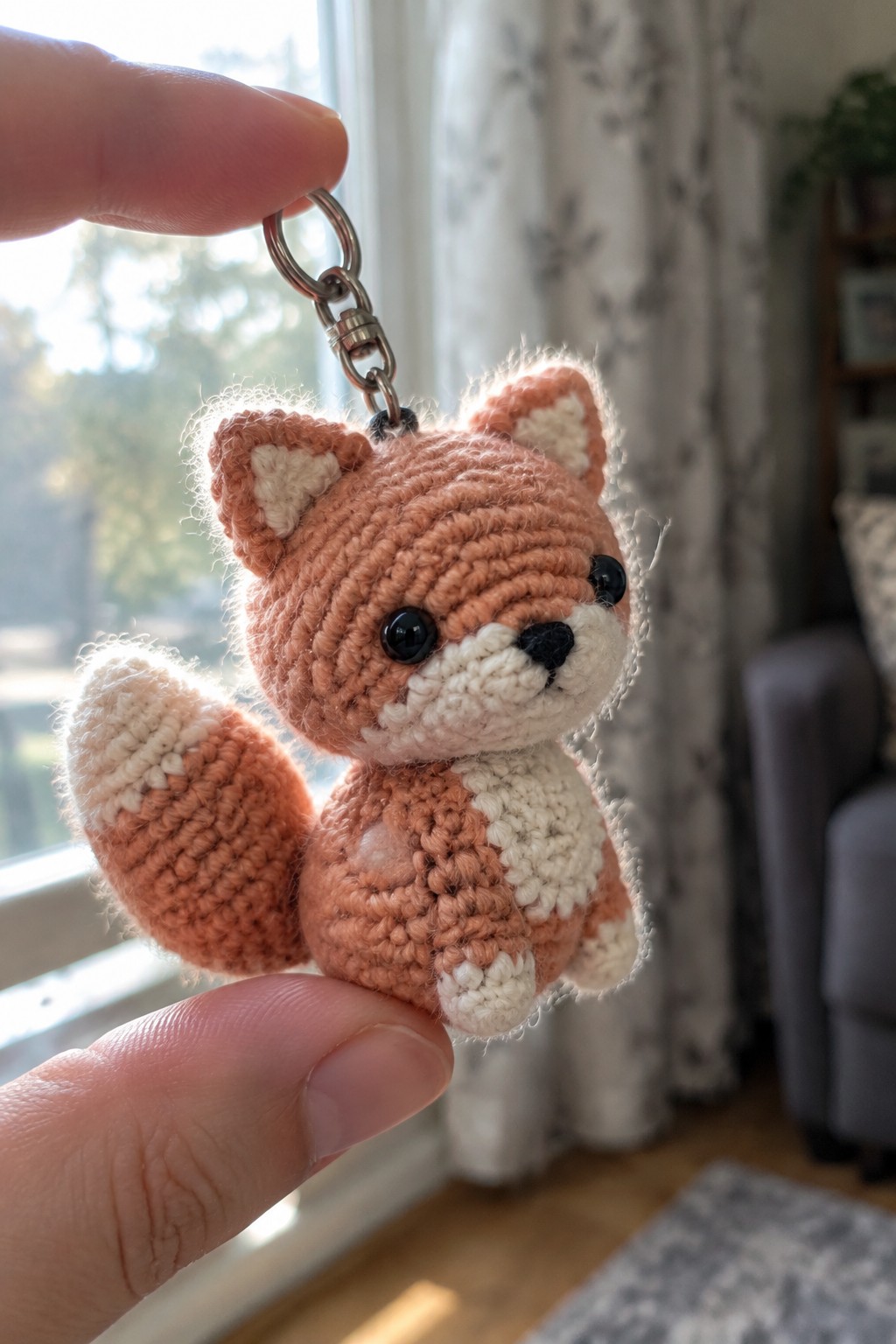 Hand holding crocheted orange fox keychain with white face, ears, and tail.