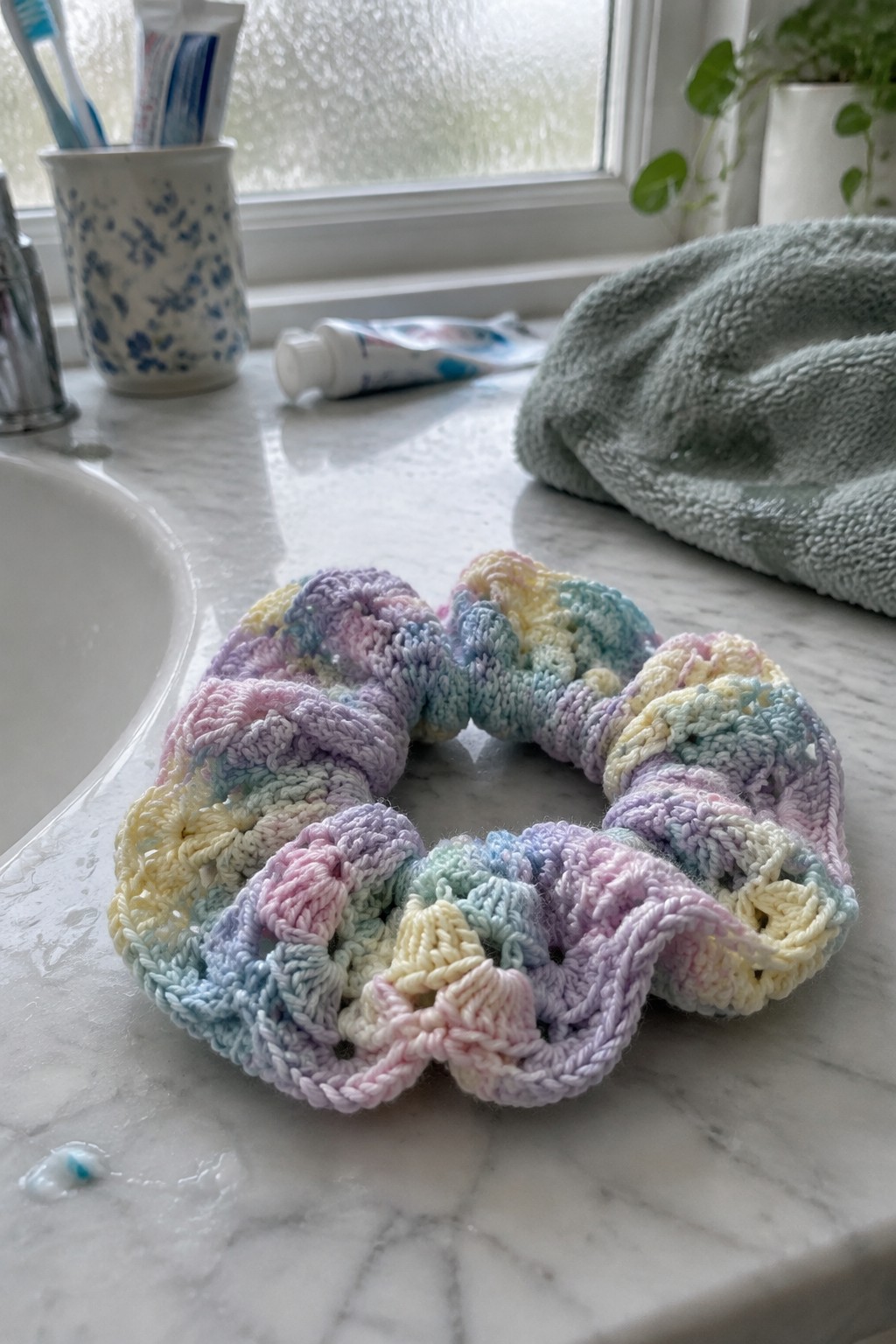 Pastel rainbow crocheted scrunchie on marble bathroom countertop near sink