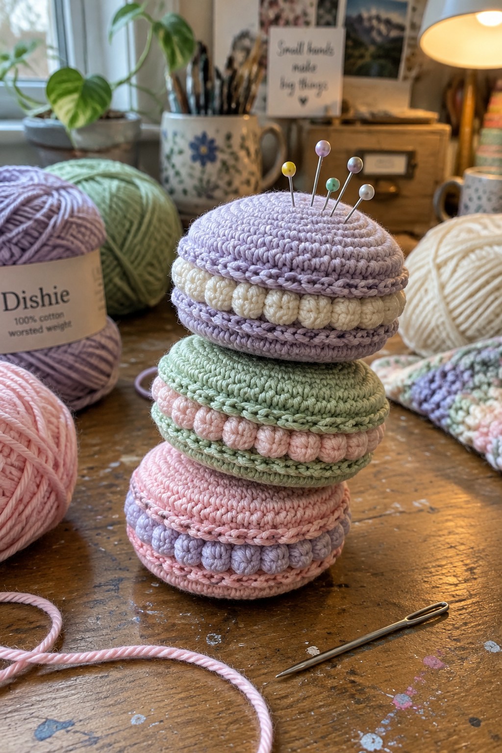 Stacked pastel crocheted macarons with pins on wooden table amid yarn balls