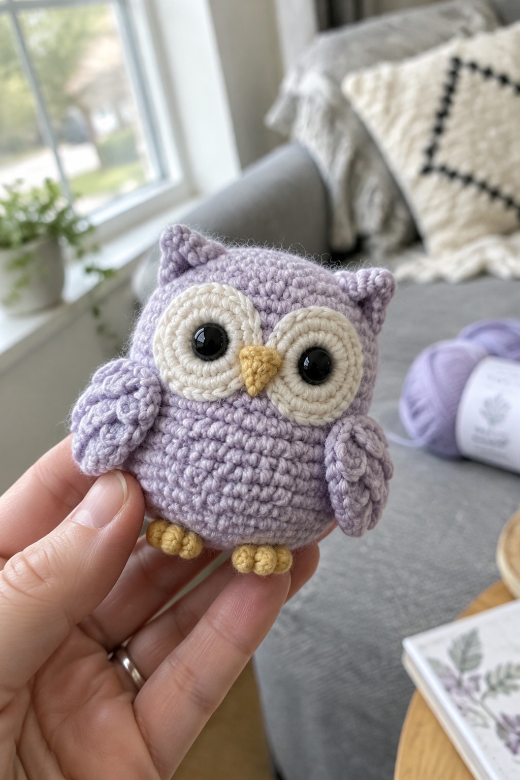 Hand holding a small purple crocheted owl with large eyes and yellow beak.