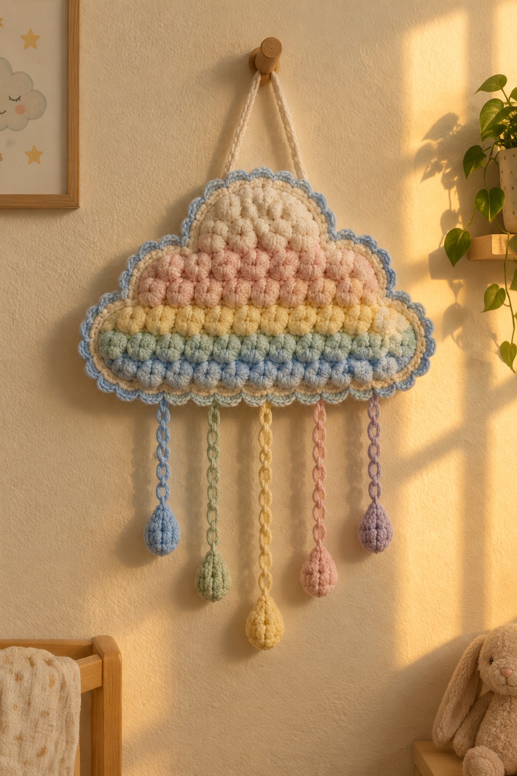 Pastel crocheted rainbow cloud wall hanging with dangling yarn raindrops in nursery