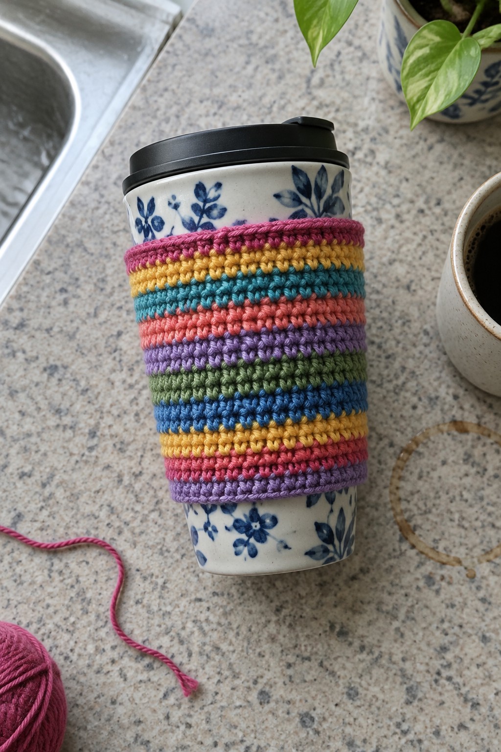 Rainbow crocheted cozy on floral ceramic travel mug with black lid