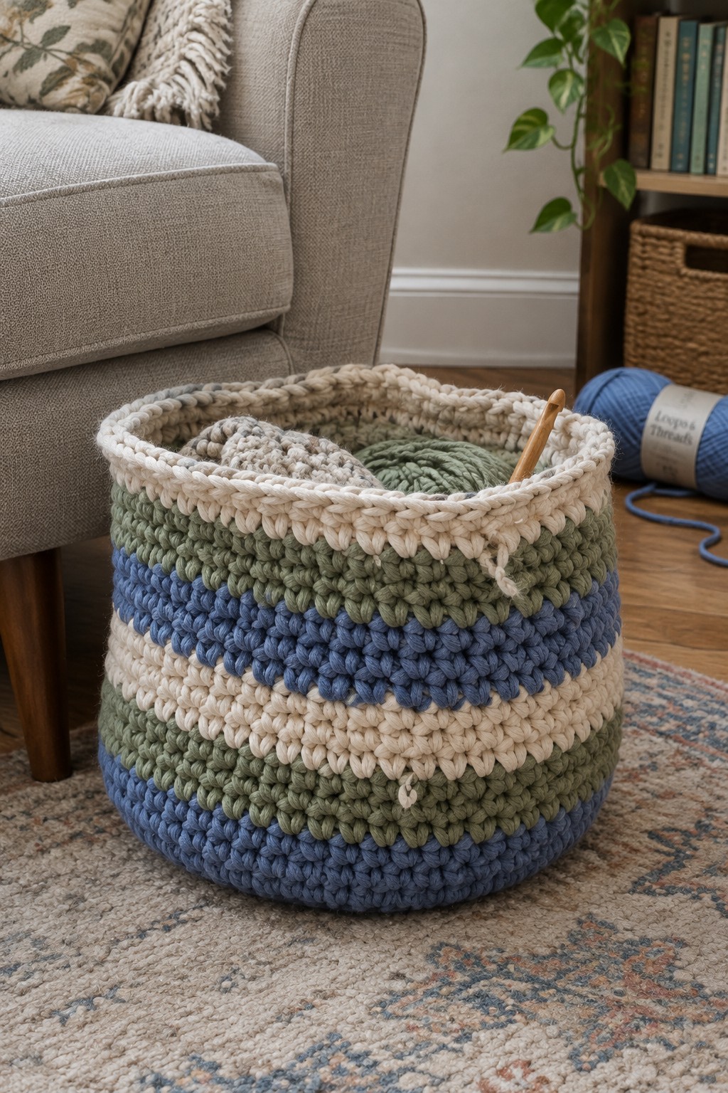 Round crocheted basket with blue, green, and cream stripes holds yarn and a hook on a patterned rug.