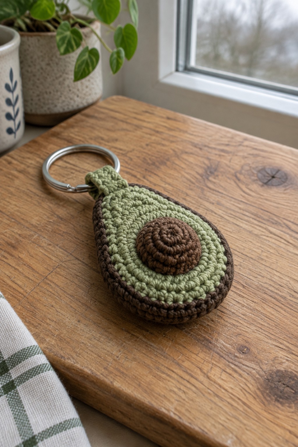 A crocheted avocado keychain with layered brown and green rounds attached to a metal ring rests on a wooden surface.