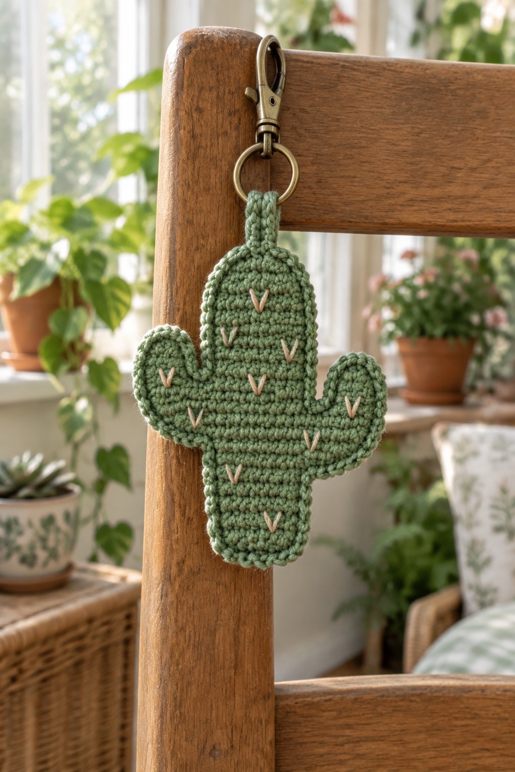 Green crocheted cactus keychain with beige stitches on wooden chair