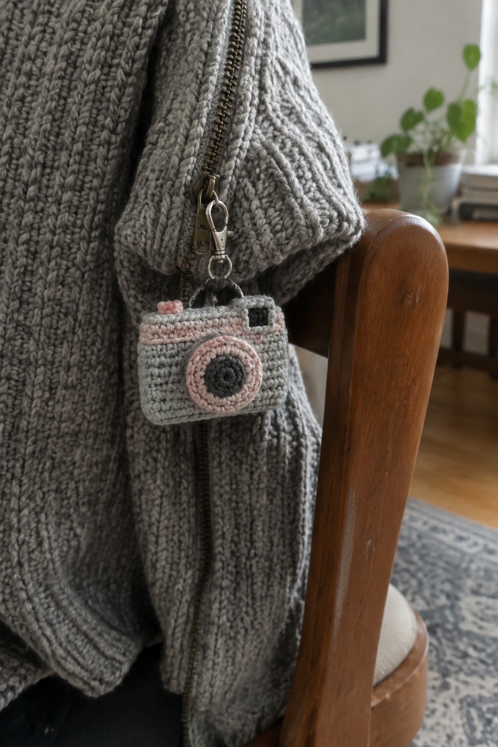 Gray knitted cardigan with pink-and-gray crocheted camera keychain on zipper