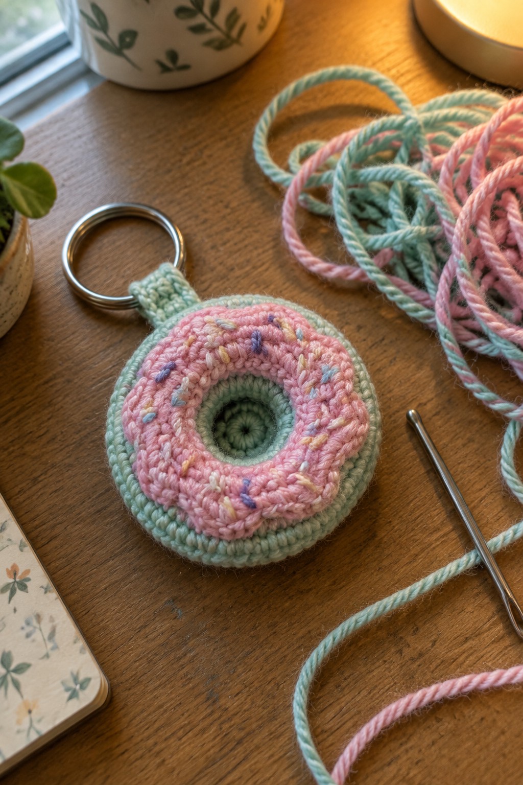 Crocheted pink donut keychain with sprinkles beside mint yarn and hook on wood