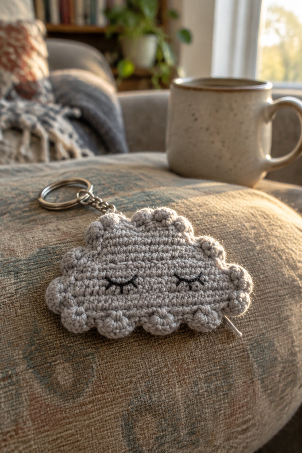 Gray crocheted cloud keychain with sleepy face on patterned fabric beside mug