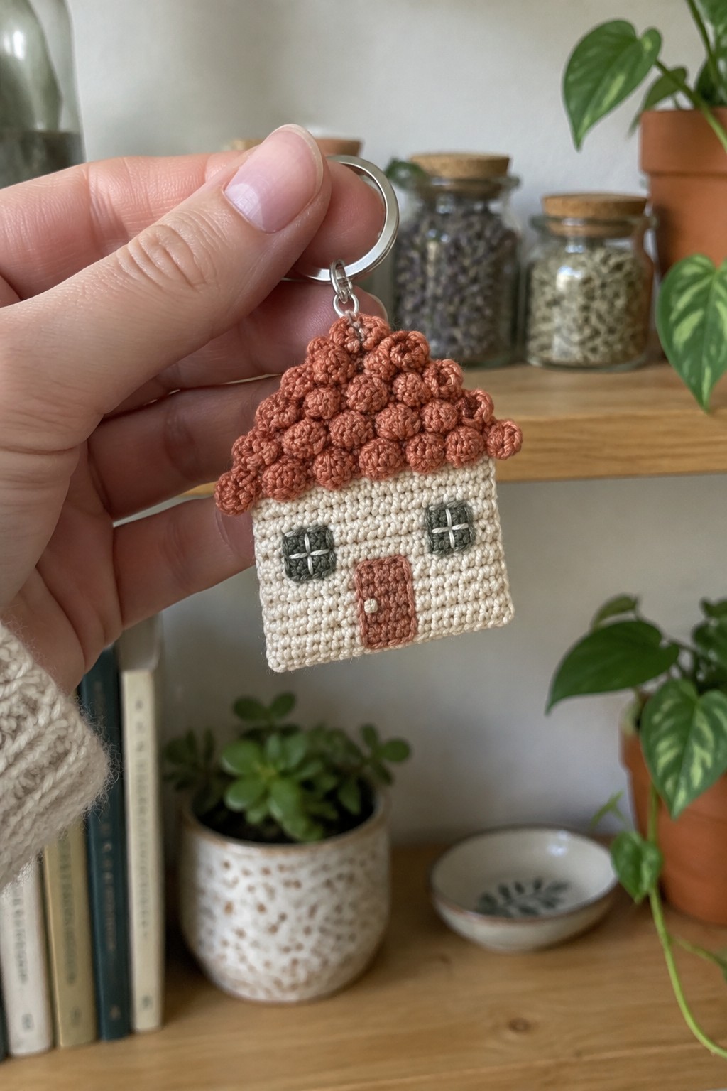 Hand holding crocheted house keychain with terracotta roof, beige walls, and tiny door.