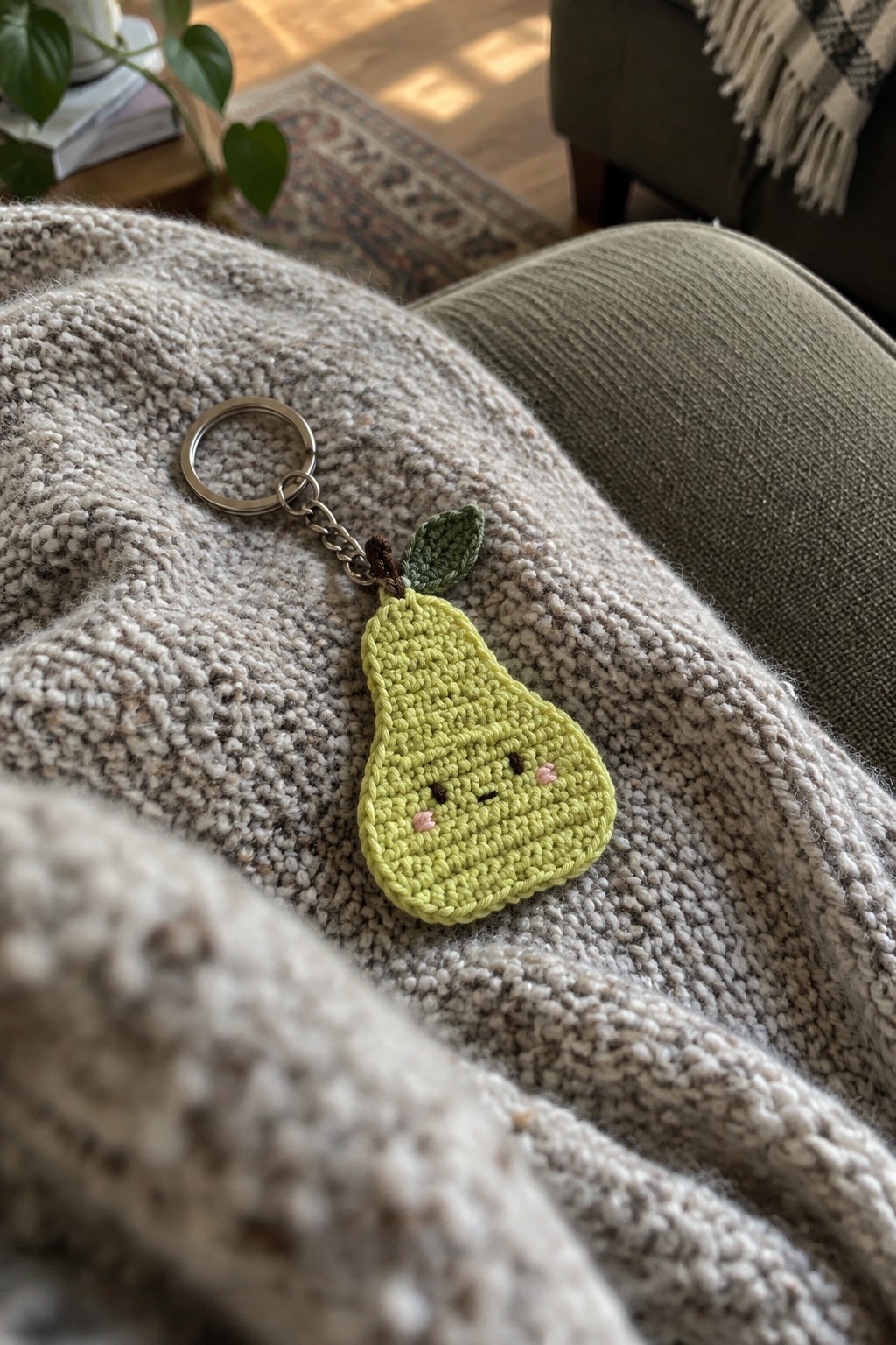 Light green crocheted pear keychain with cute face on beige knitted sweater