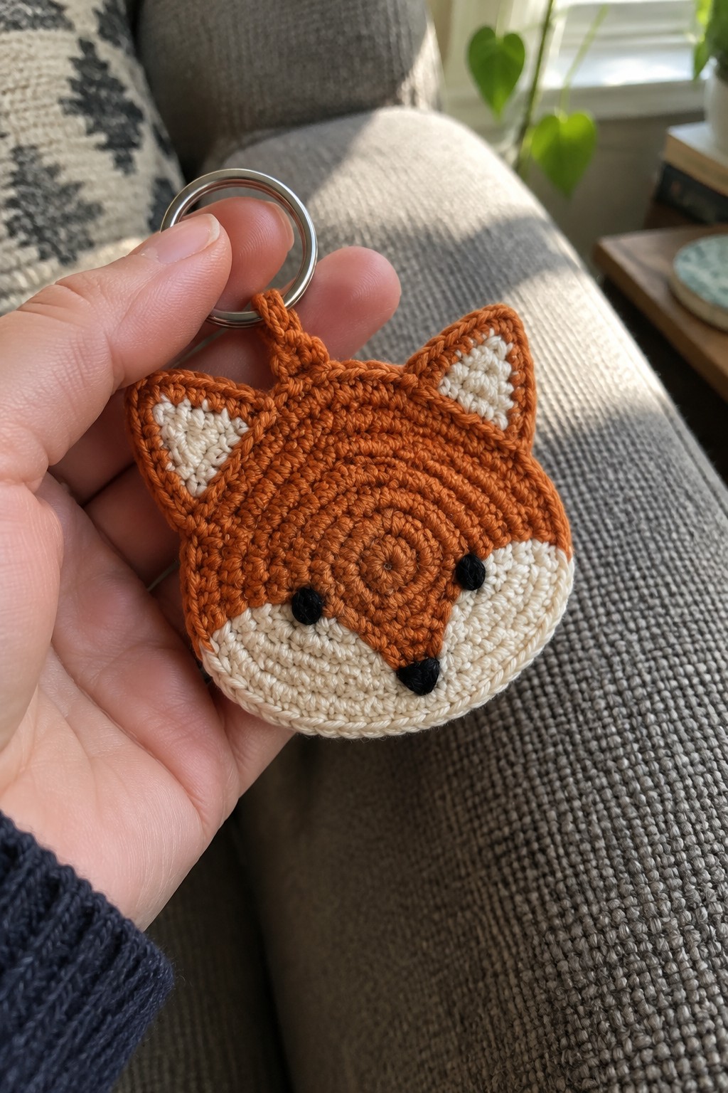 Hand holding crocheted orange fox keychain with white muzzle and metal ring