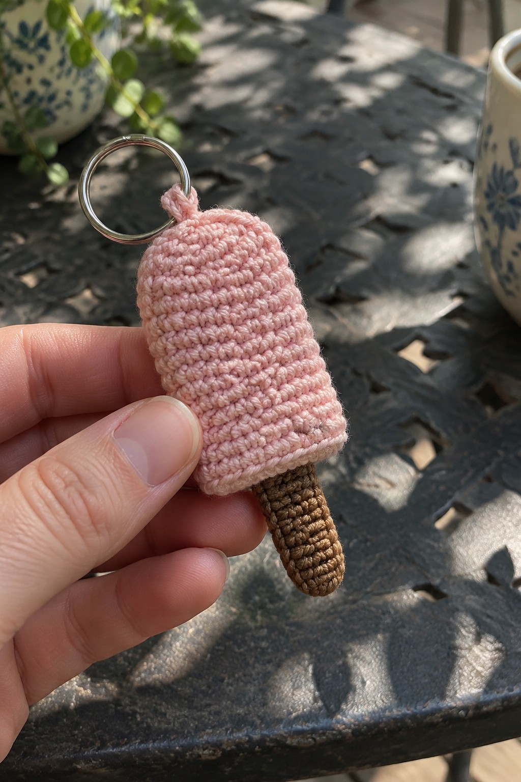 A hand holds a crocheted pink popsicle keychain with a brown stick base and metal ring against a dark table.