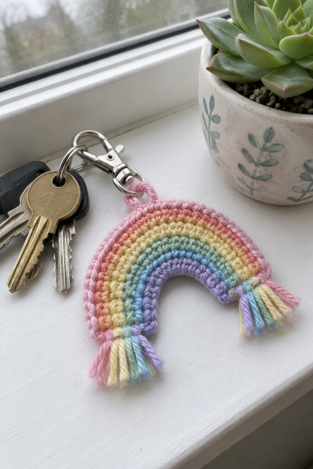 Crocheted pastel rainbow keychain with keys beside potted succulent on windowsill.