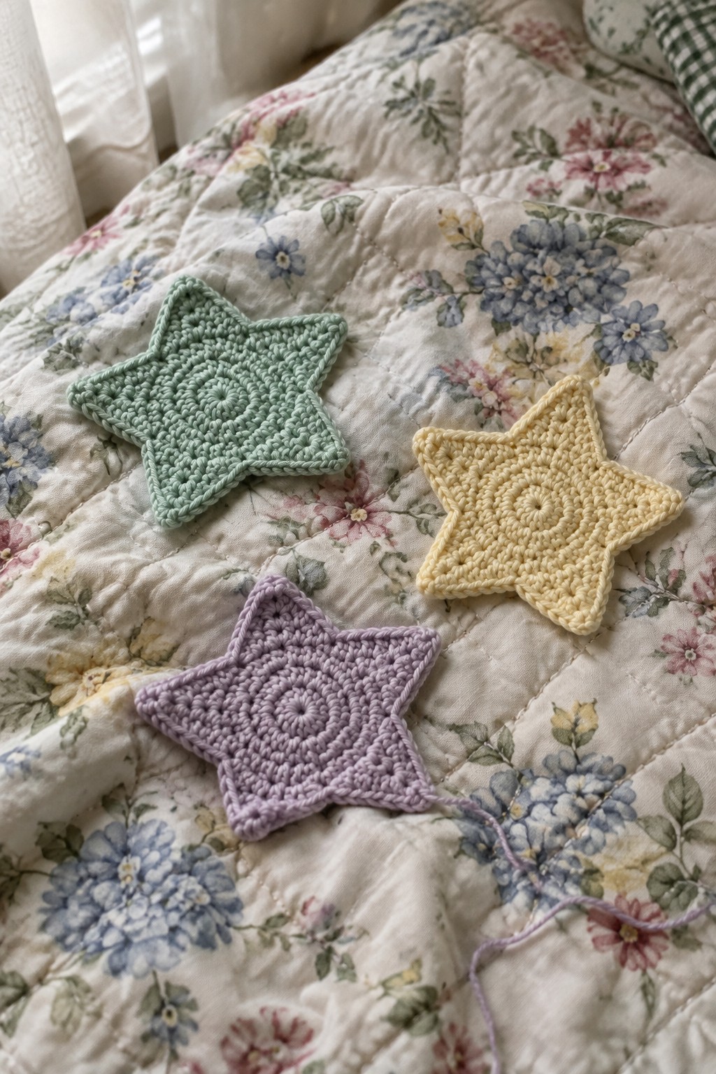 Three crocheted stars in mint, yellow, and lavender on floral quilt