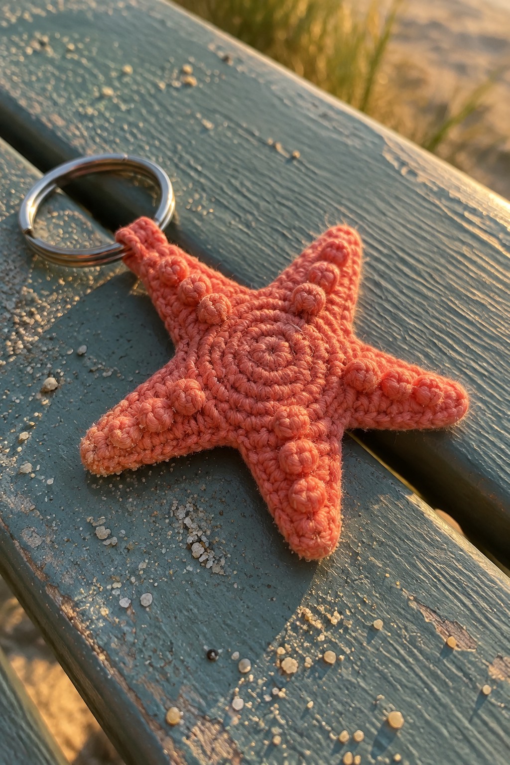 Coral crocheted starfish keychain on sand-dusted weathered green wooden bench
