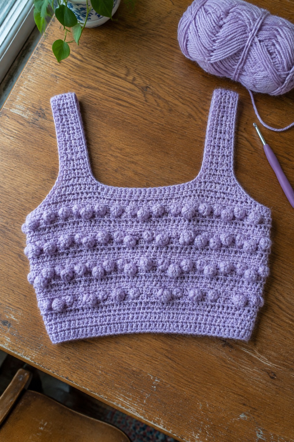 Purple crocheted crop top with bobble texture on wooden table beside yarn and hook