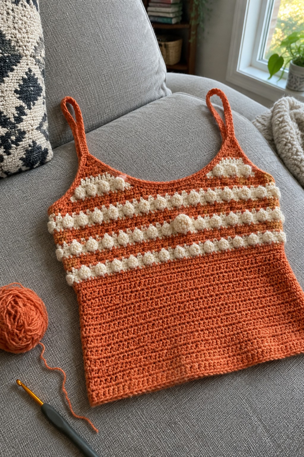 Orange crocheted camisole with white bobble stripes on gray couch beside yarn and hook