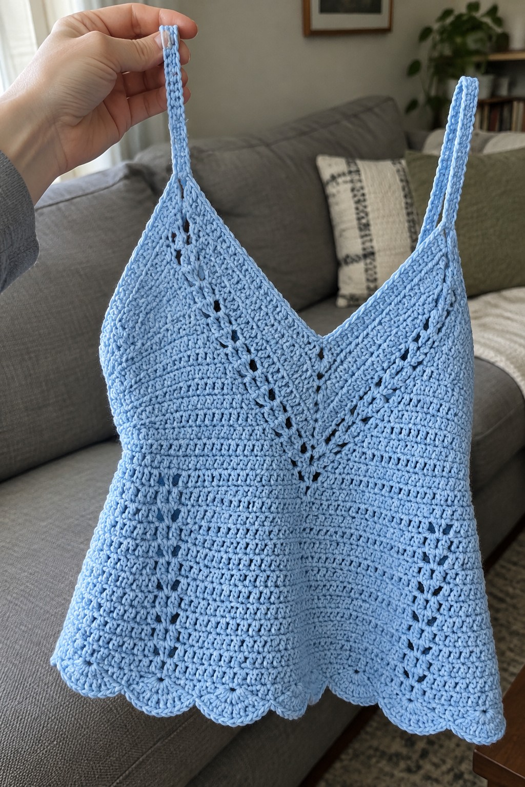 Hand holding light blue crocheted V-neck camisole with scalloped hem