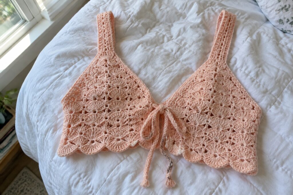 17 Fresh Crochet Top Ideas Using Lightweight Yarn Two peach crocheted halter tops with ties on a white quilted bed