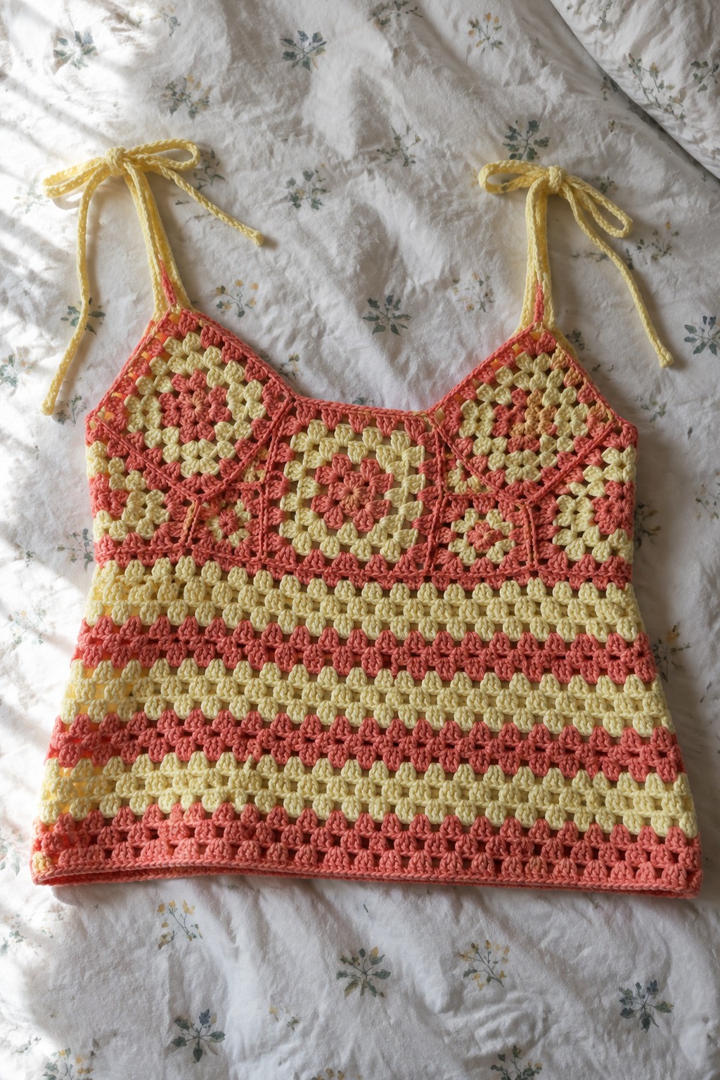 Colorful crocheted camisole with pink-yellow granny squares and tie straps on floral fabric