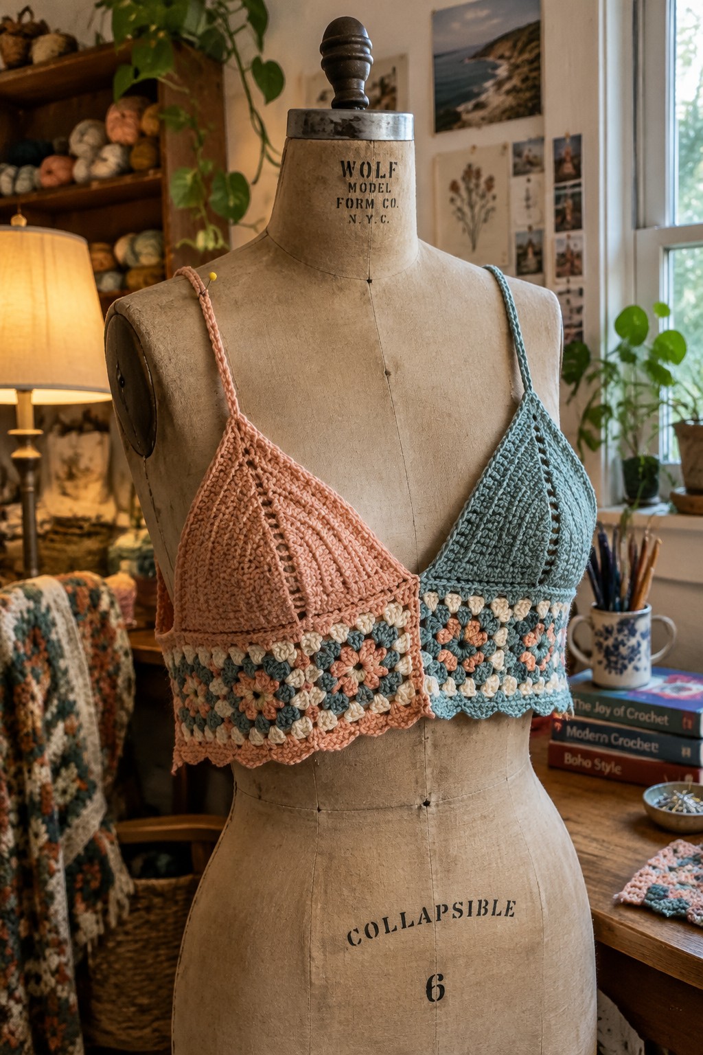 Vintage mannequin wearing a peach and teal crocheted granny square halter top
