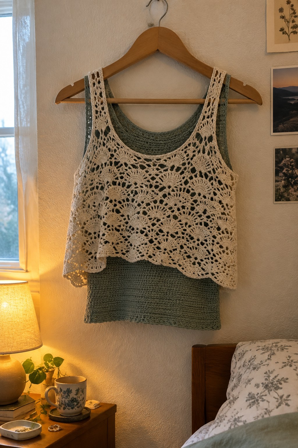 White lace crochet top layered over green knit hangs on wooden hanger in bedroom.