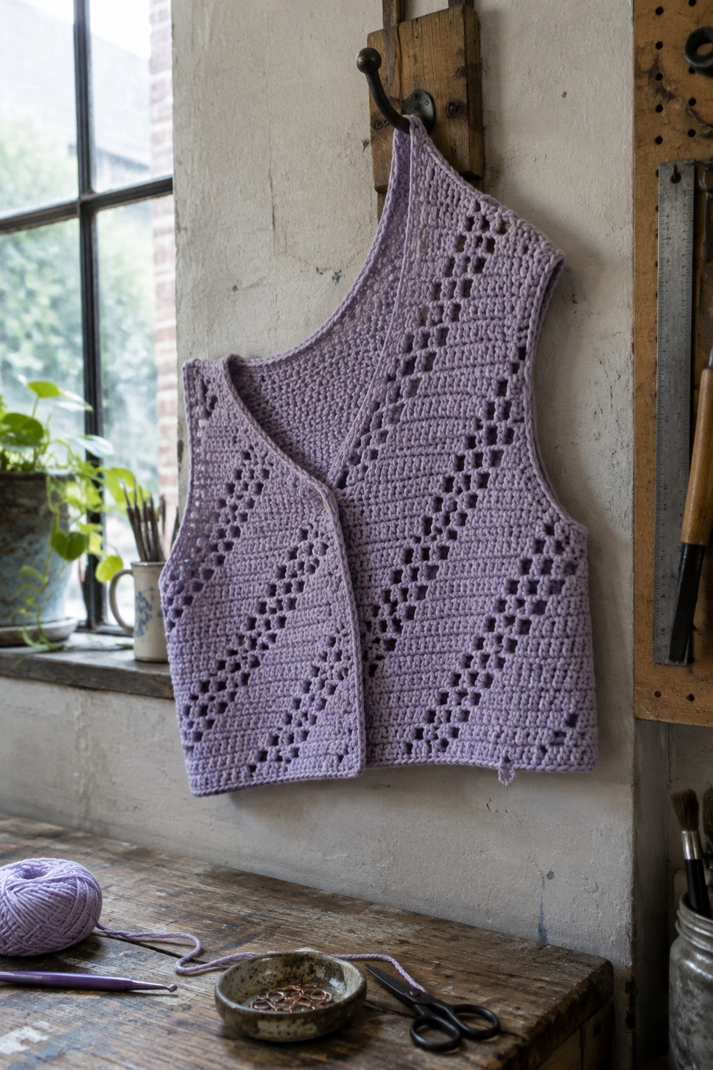 Lavender crocheted vest hangs on hook above wooden table with yarn and tools