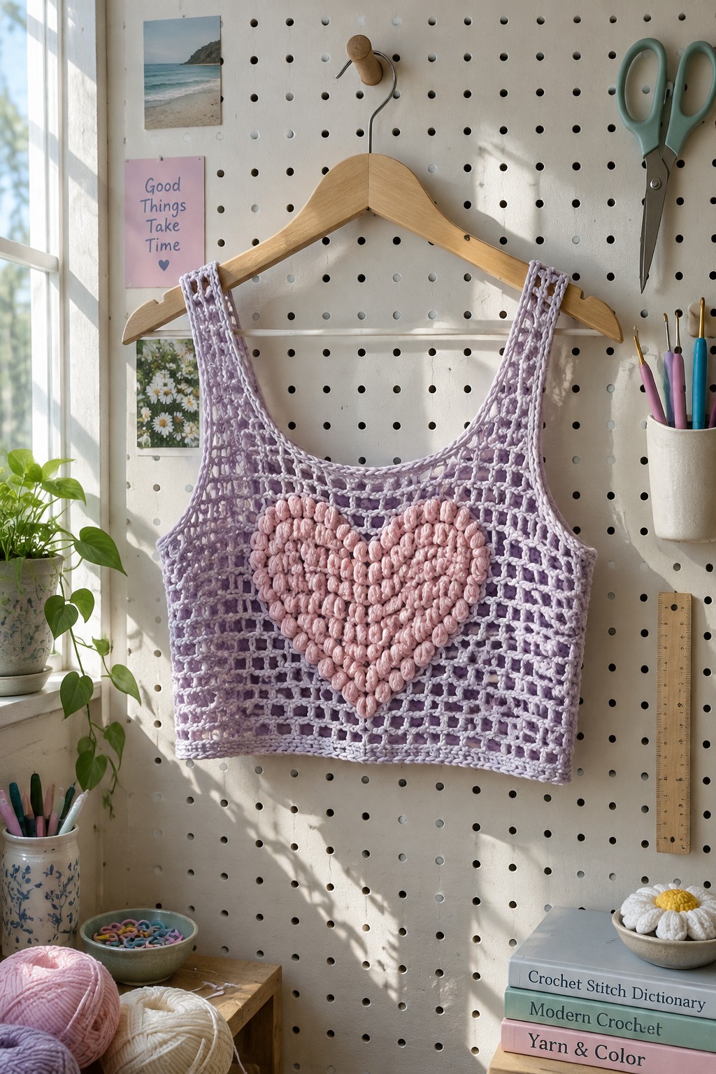 Lavender crocheted crop top with pink heart on wooden hanger against pegboard