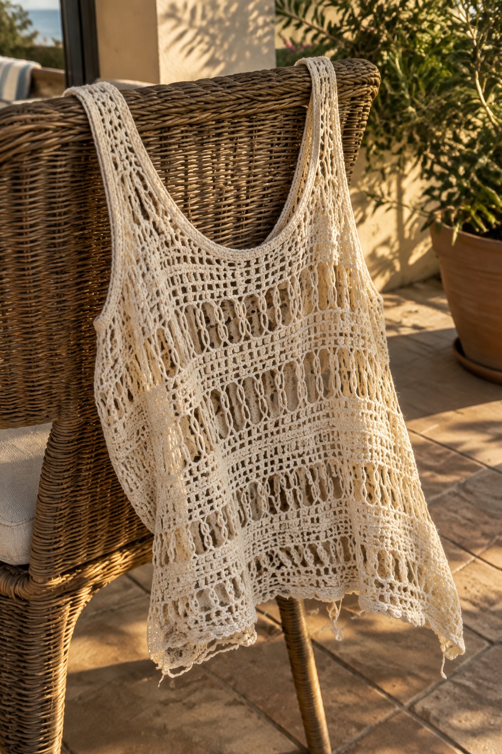 Cream crocheted tank top draped on brown wicker chair in sunlight