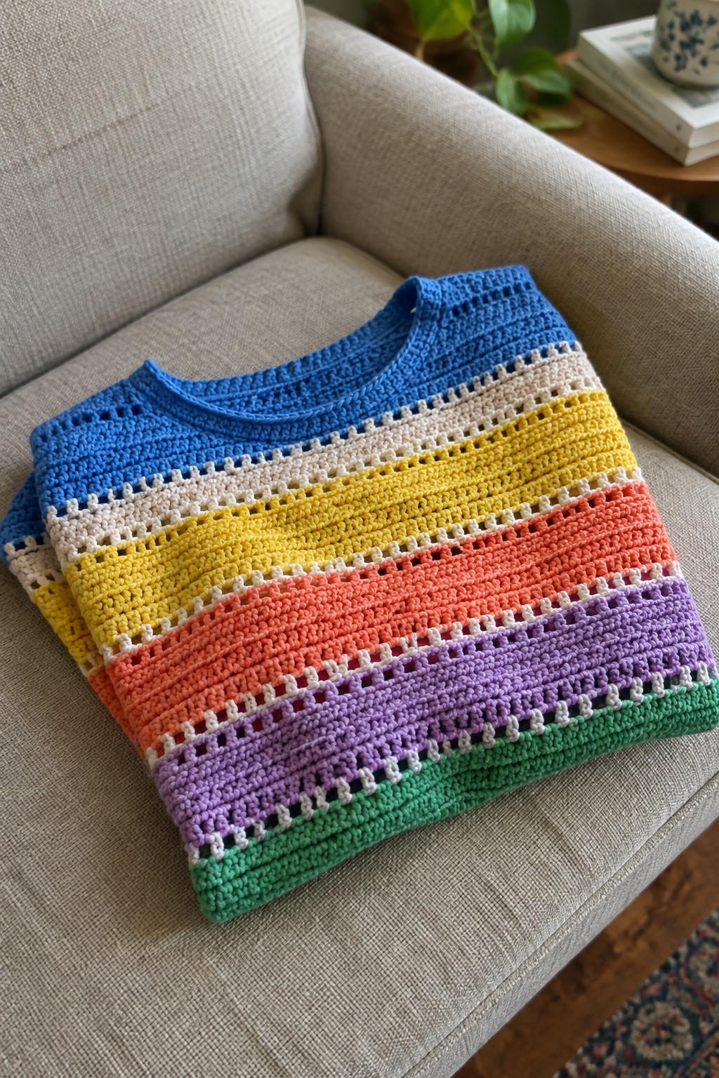 Rainbow-striped crochet sweater folded on beige fabric armchair