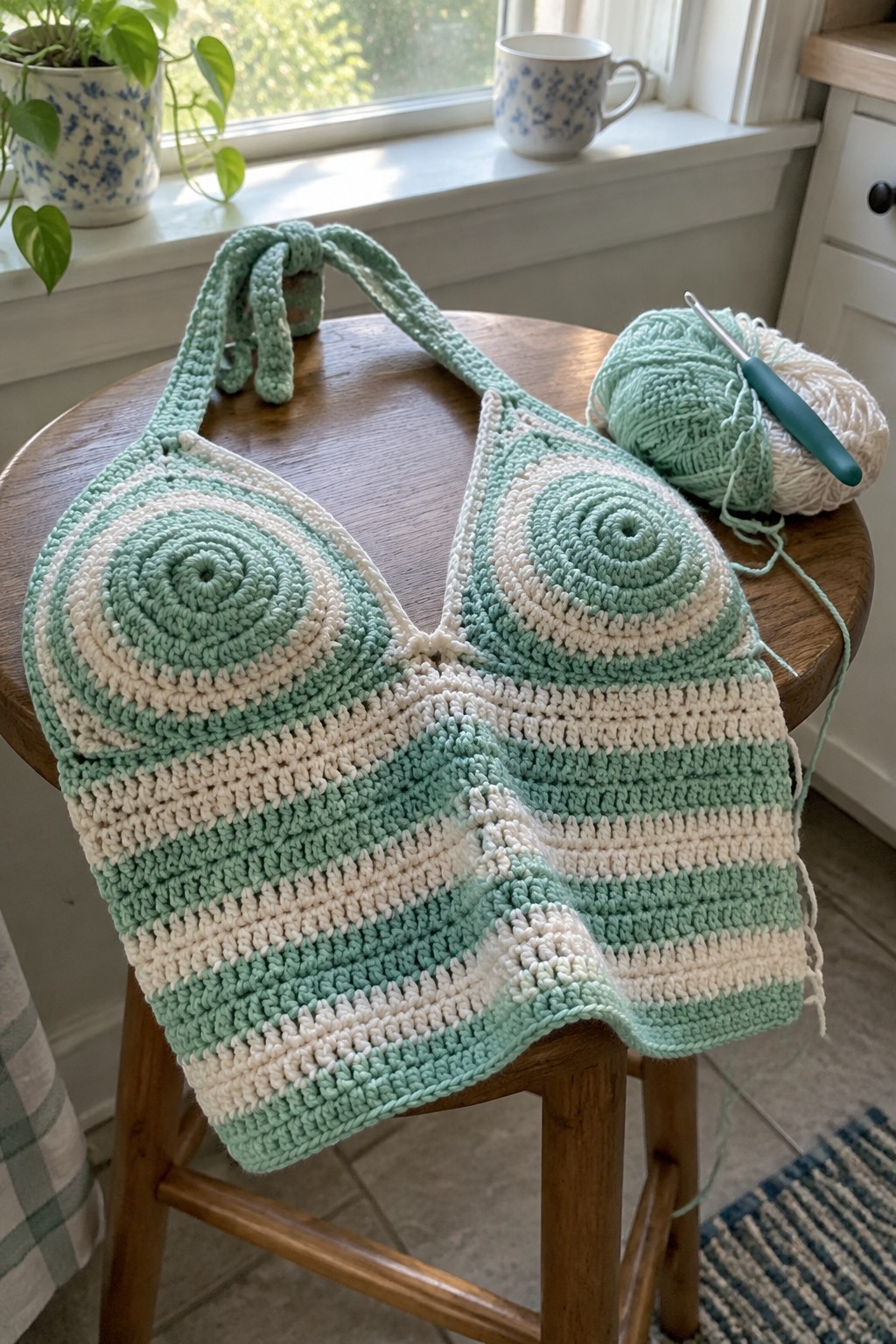 Mint green and white striped crochet halter top on wooden stool with yarn and hook