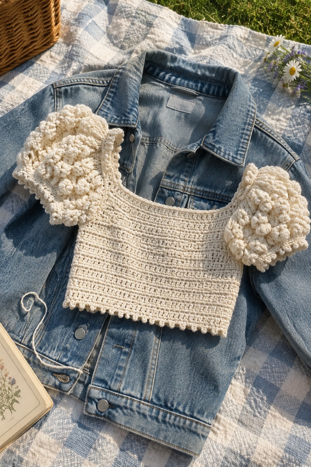 White crocheted crop top with ruffled sleeves on denim jacket over checkered picnic blanket