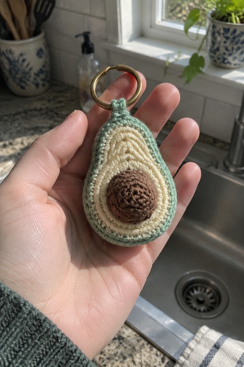 Hand holding crocheted avocado keychain with green, cream, and brown layers and gold ring.