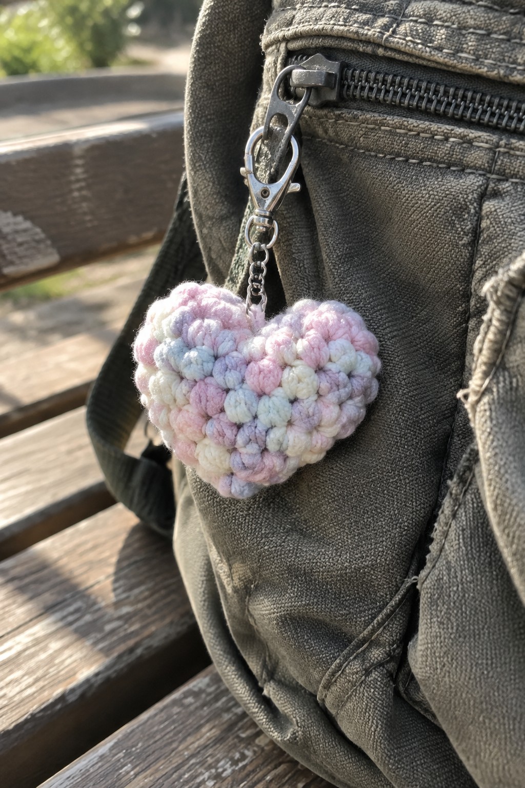 Pastel crocheted heart keychain clipped to gray fabric backpack on wooden bench.