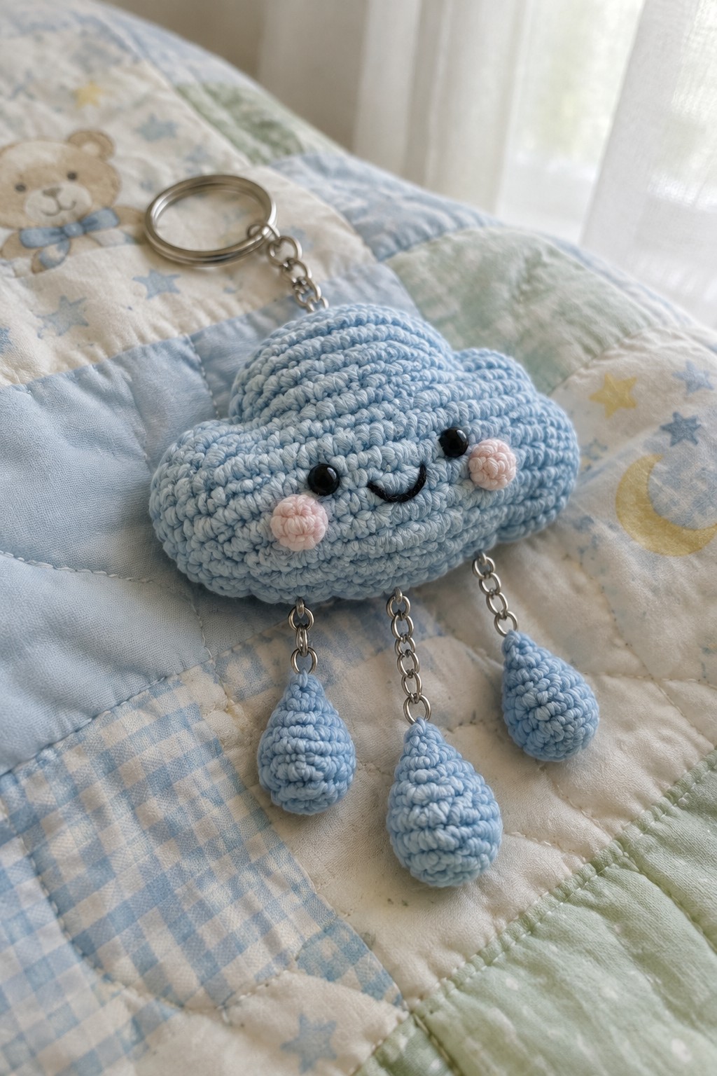 Crocheted blue cloud keychain with smiling face and dangling raindrops on quilt