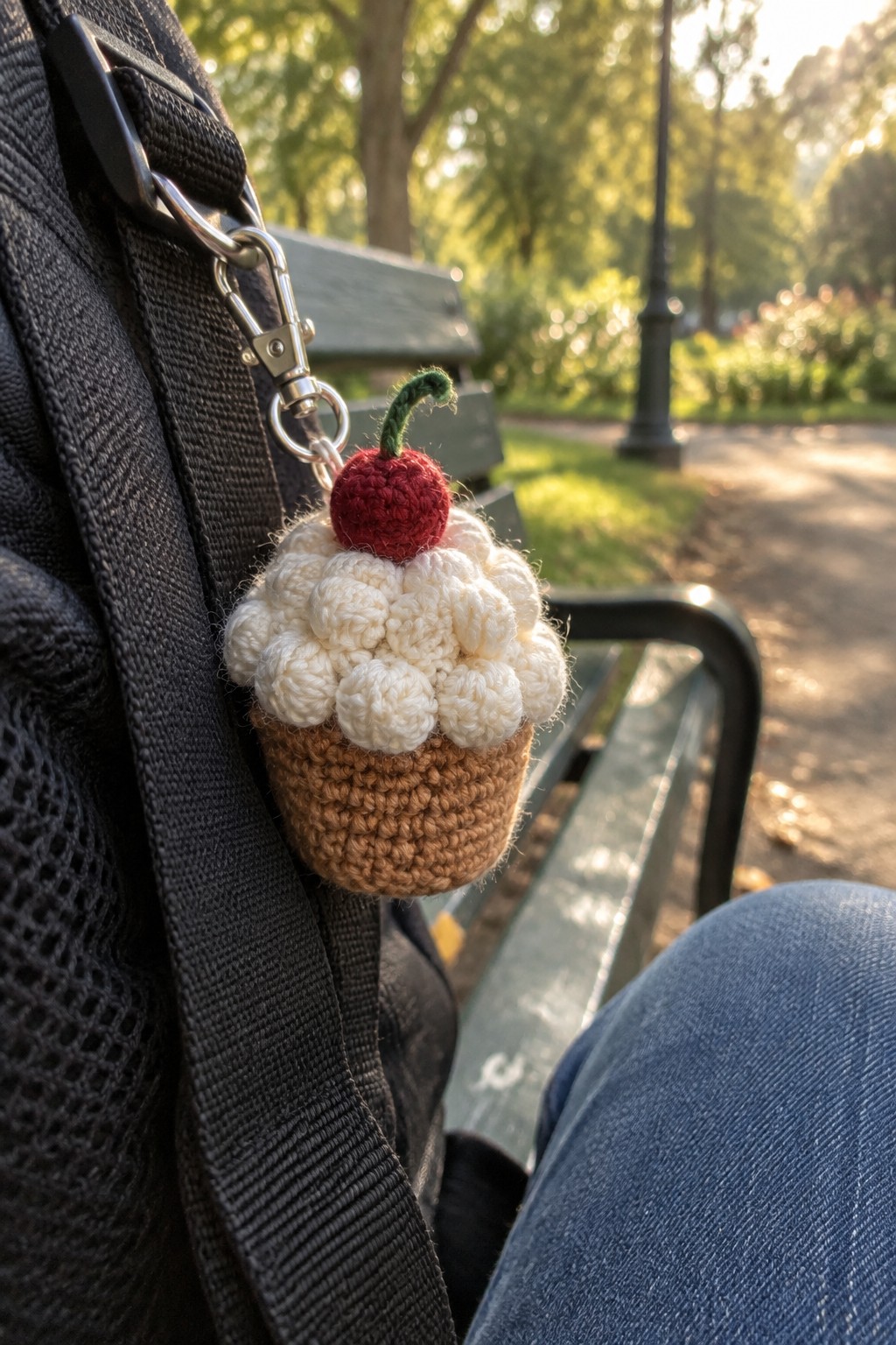 Crocheted cupcake keychain with red cherry on black backpack in sunny park